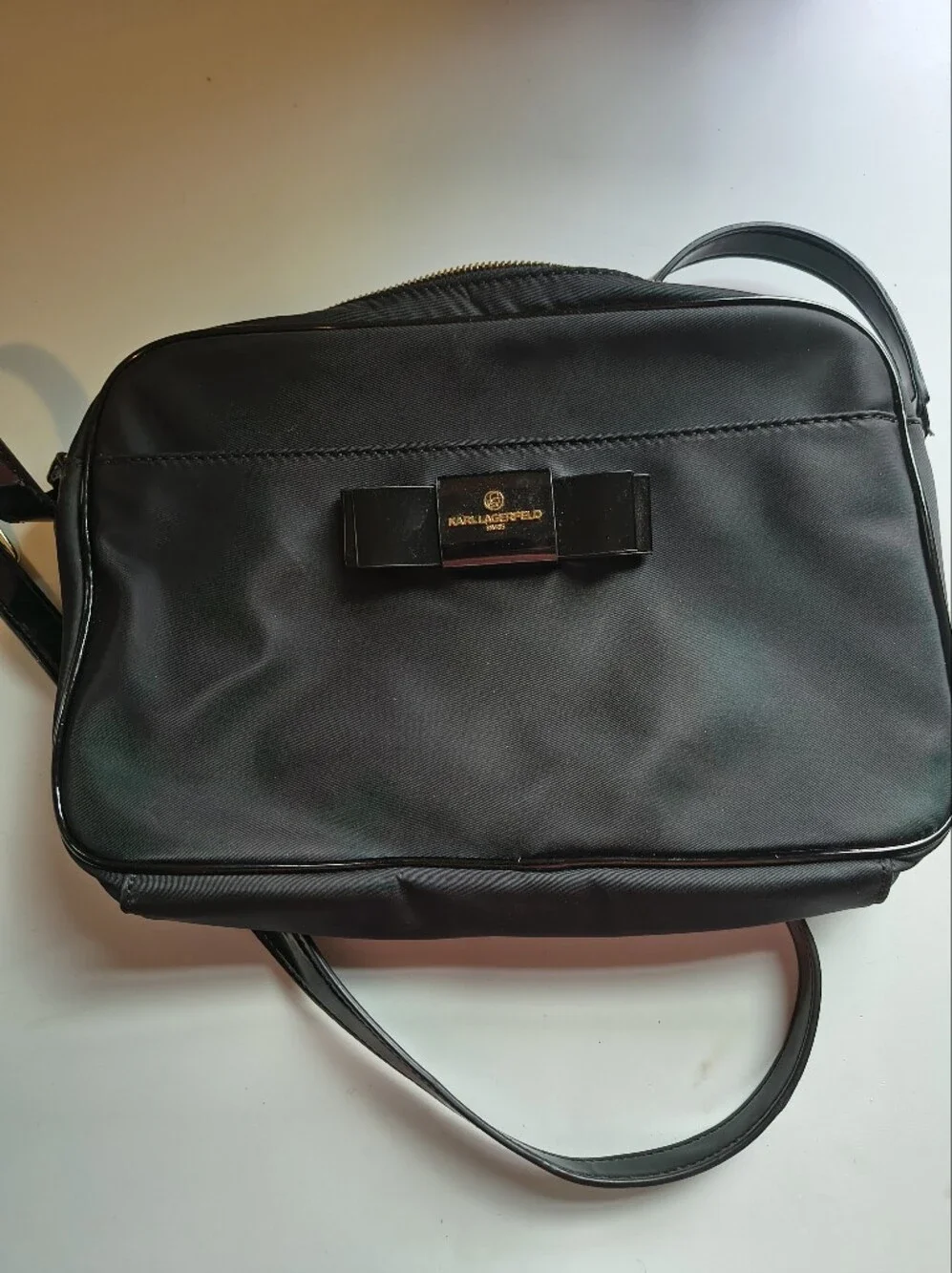 Karl Lagerfeld Black Nylon Messenger Bag with Gold Logo Plaque